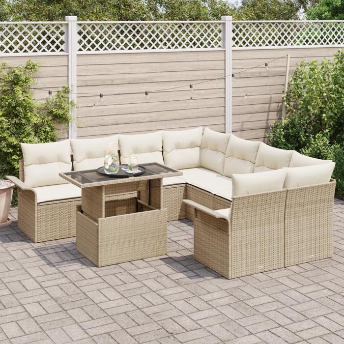 VidaXL Ensemble de canapé de jardin 9 pièces avec coussins en rotin poly beige 3348257
