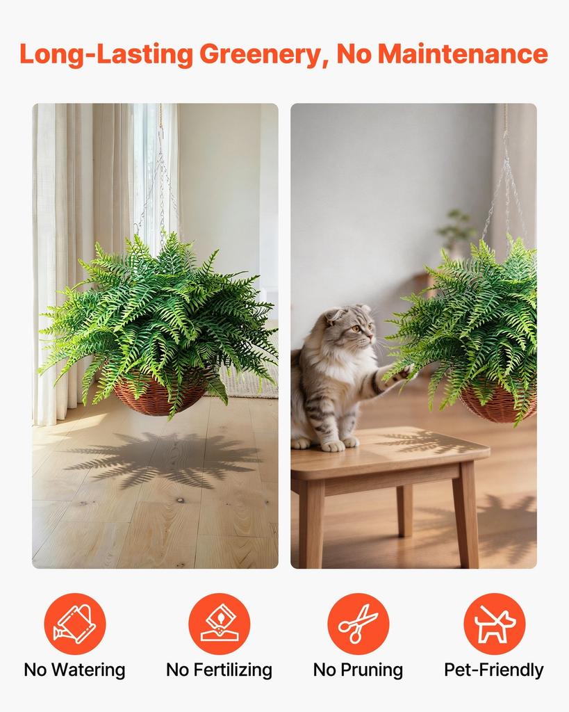 Artificial Ferns, 2 Pcs Fake Hanging Boston Fern Bush Plant with 584 Mm Hanging Length, Plastic Faux Greenery for Indoor and Outdoor Decor, For Wall,