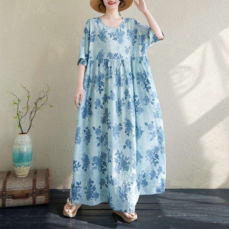 Krátký rukáv Plus size Bavlněné vintage květinové nové šaty pro ženy ležérní volné dlouhé letní šaty