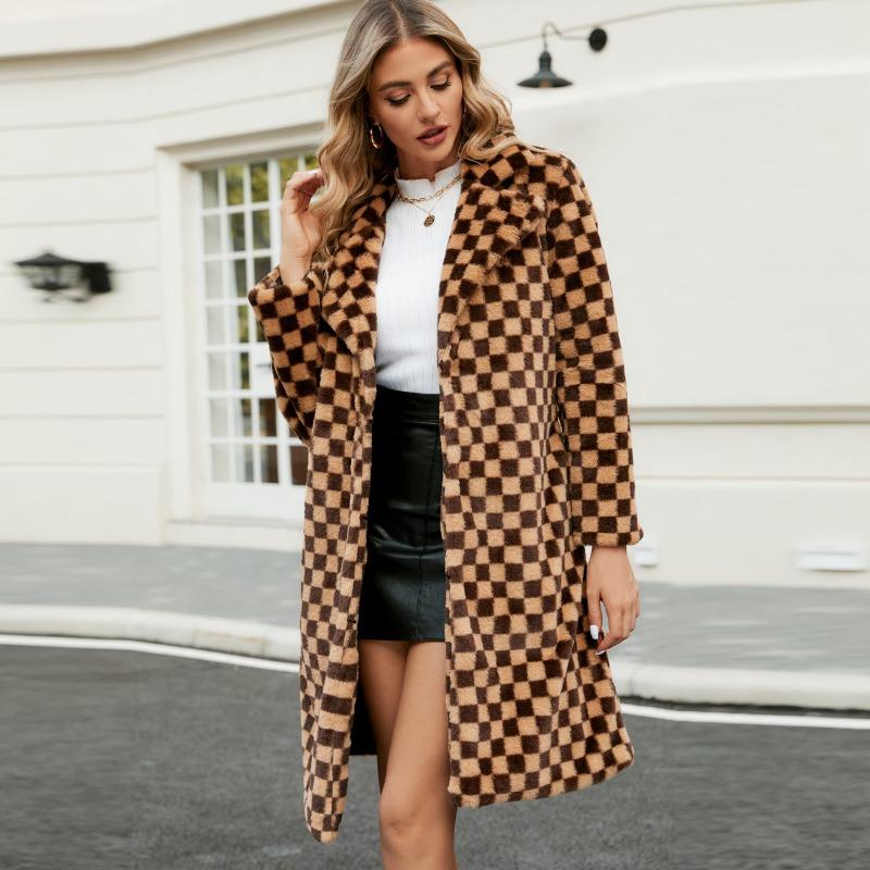 0 Autumn and winter plush coat women's long plaid loose plush coat imitation fur