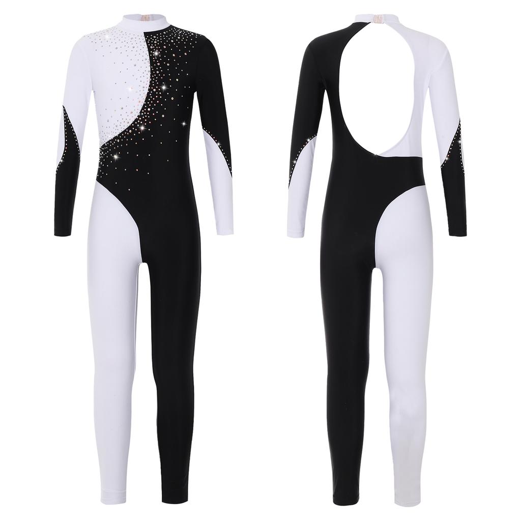 Kids Girls Gymnastics Dance Jumpsuit: Long Sleeve Round Collar Contrast Color Shiny Rhinestones Backless Performance Wear