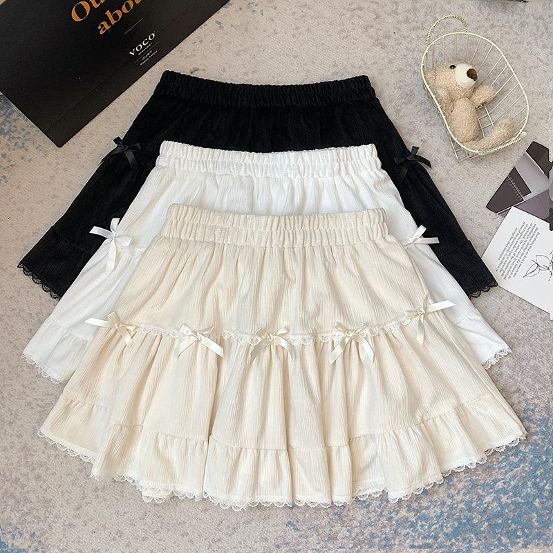 Women's Bow Skirt Spring French Sweet High Waist Cake Lace Puffy A Short Skirts