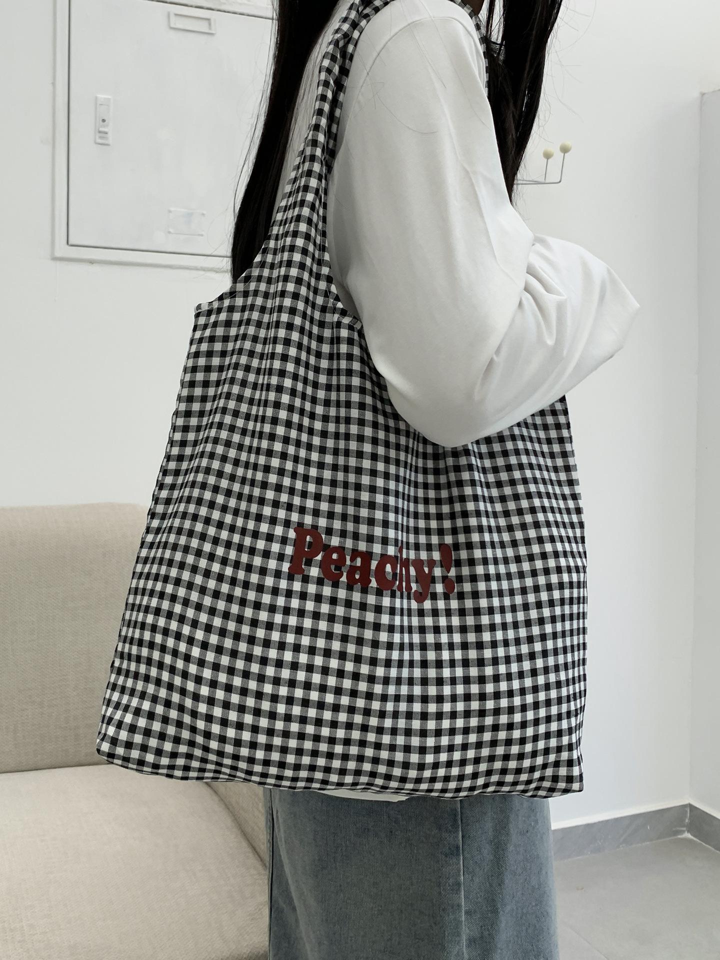 

Simple Plaid Canvas Bag for Women Large Capacity Vest Shoulder Bags Letter Design Girls Class Book Tote Handbags Shopping Bag чорний