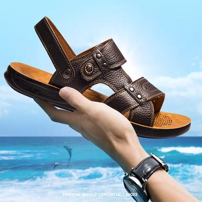 Sandale și papuci noi de vară pentru bărbați Sandale din piele pentru bărbați Pantofi de plajă cu talpă groasă pentru adulți Sandale din piele cu vârf deschis anti-alunecare