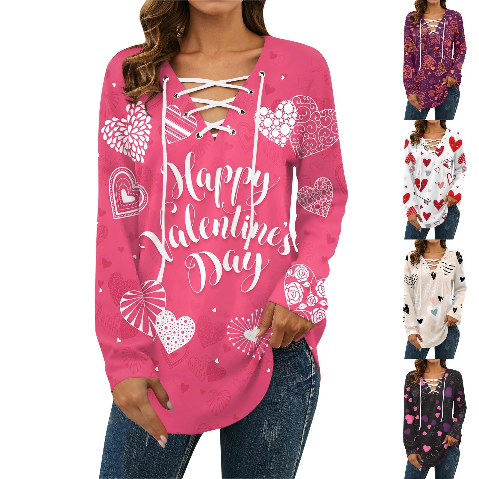 

Женский День святого Валентина Атмосферная мода Свободный повседневный арт-Повседневный топ с v-образным вырезом и длинными рукавами с принтом