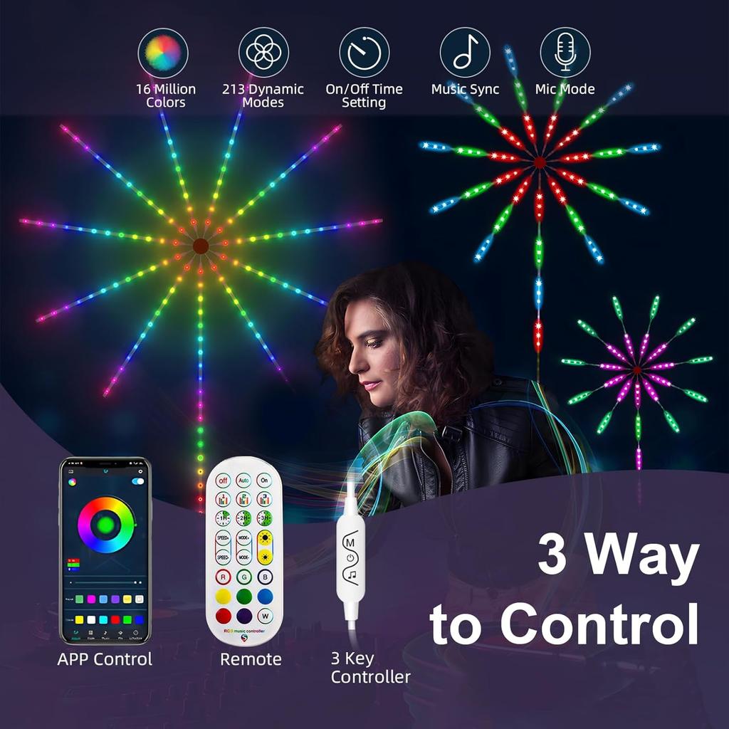 WiFi Bluetooth Smart Fireworks LED Light, 2025 New Smart Fireworks LED Lights Outdoor, Led Fireworks Lights Music/Mic Sync with Firework Launch
