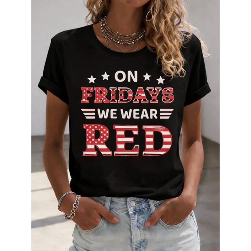 New Arrival Womens Red Friday Print TShirts Summer Short Sleeve Tops Casual Round Neck Tees
