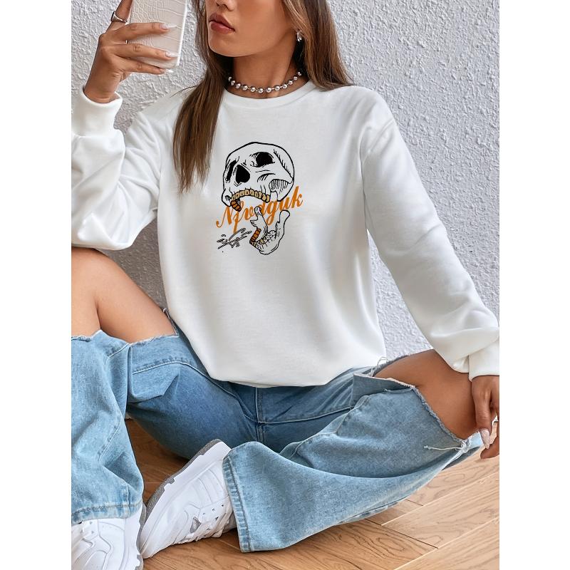 Breathable Women s Printed Crew Neck Sweatshirt  for Streetwear Look XXL чёрный