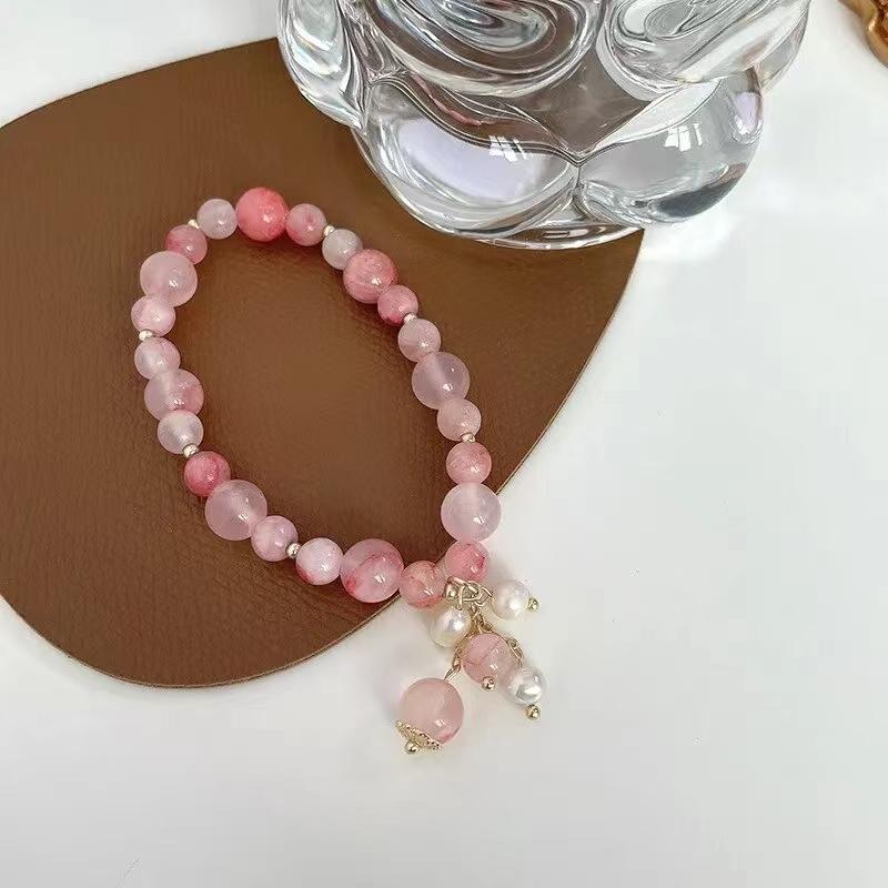 Romantic Pink Crystal Stone Bracelet Strand Bracelets For Women Charming Imitation Pearl Drop Bracelet For Picnics Party