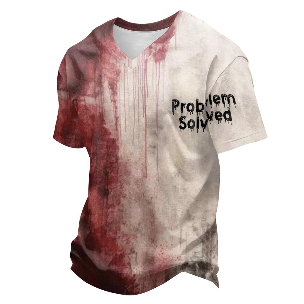 Men's Halloween V-Neck Short Sleeve T-Shirt, Lightweight Breathable Casual Print Tee, Fun Holiday Top for Costume Party