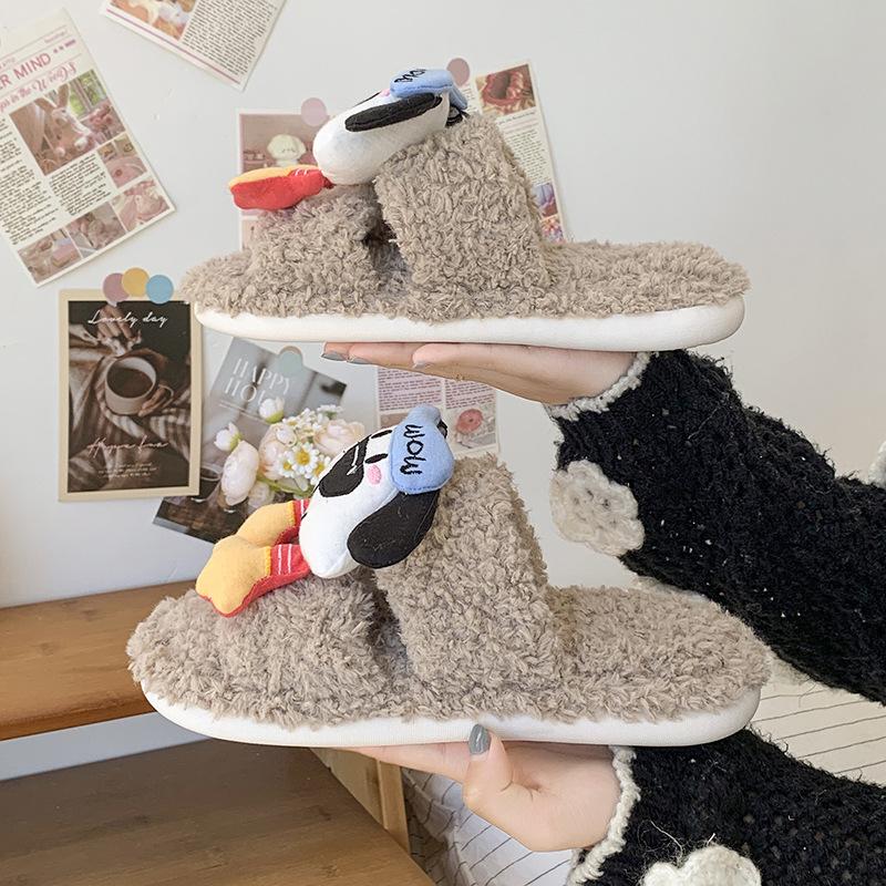 Niedliche Cartoon flauschige Hausschuhe Damen 2025 Herbst und Winter neu weich niedlicher Welpe kann Fleece tragen warme Baumwollhausschuhe