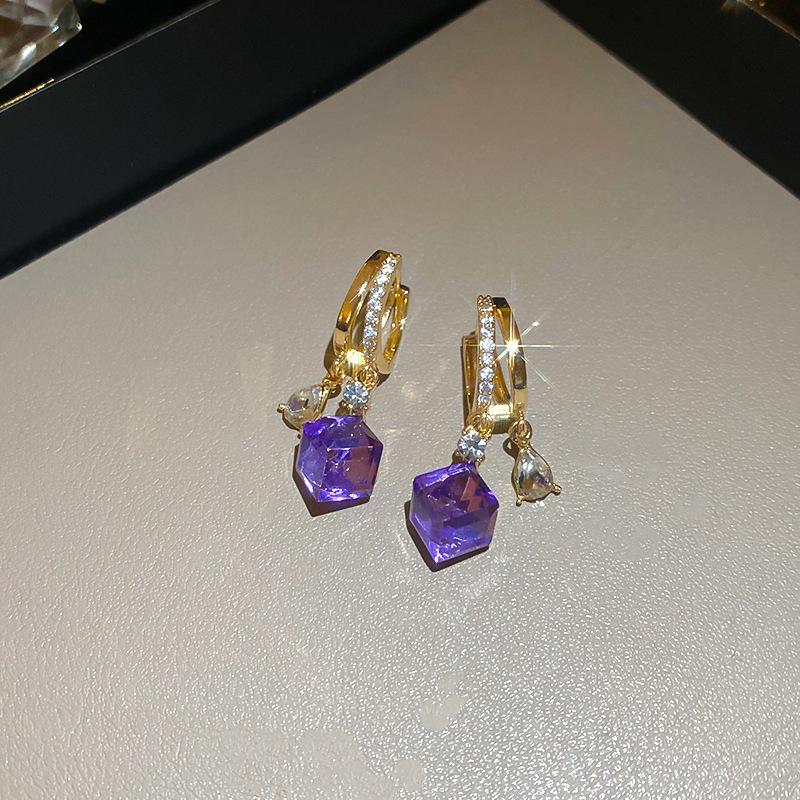 Super Flash Diamond Purple Flower Pearl Stud Earrings French Earrings