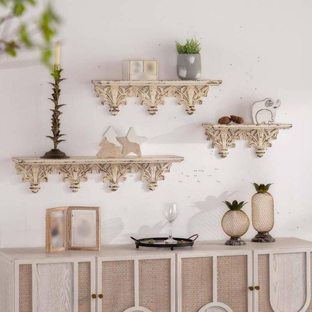 Carved Display Shelf Distressed White Finish French Decorative Wall Ready To Hang for Photo