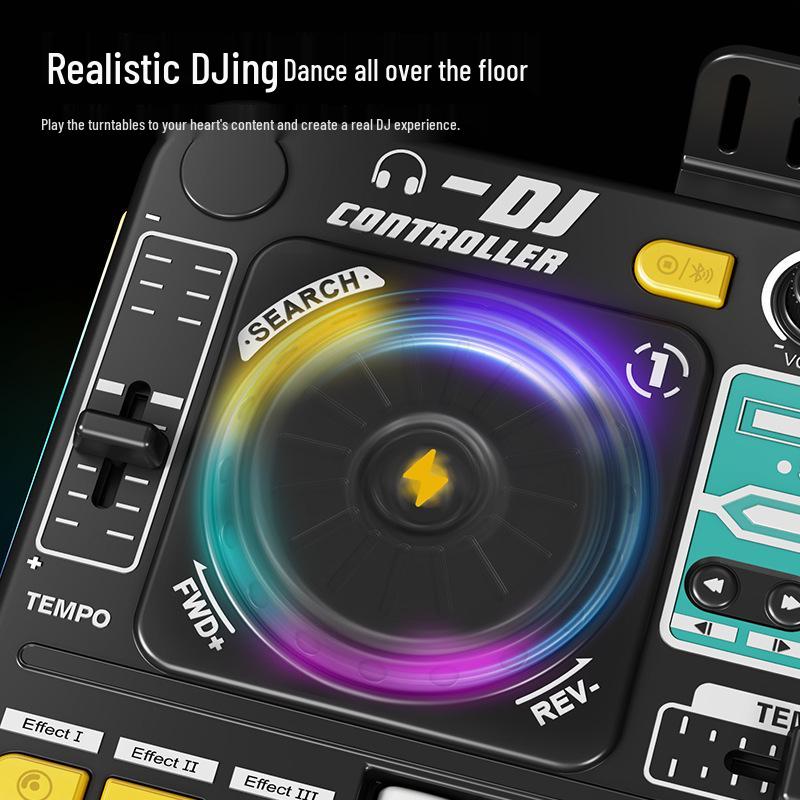 Toca-discos DJ Bluetooth Infantil com Percussão, Luzes e Microfone – Brinquedo Musical Multifuncional