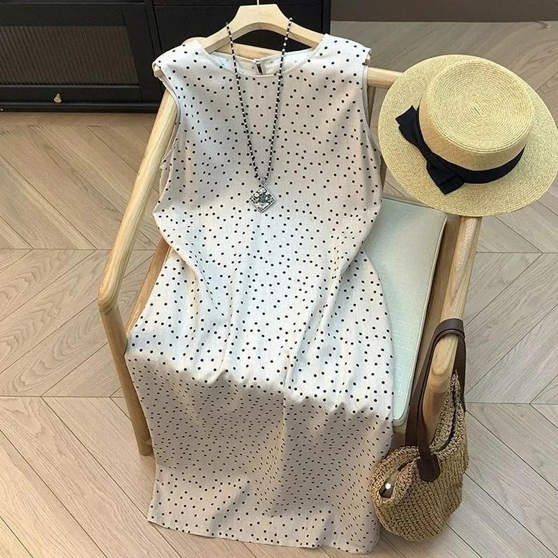 Abito da Donna in Cotone e Lino a Pois Girocollo Senza Maniche Temperamento Gonna Lunga per Pendolari Casual