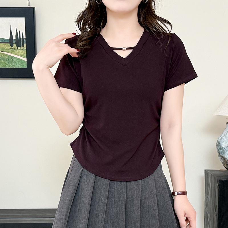 Women V Neck Short Sleeve Tee With Neck Bar Detail Side Ruched Curved Hem Casual Top