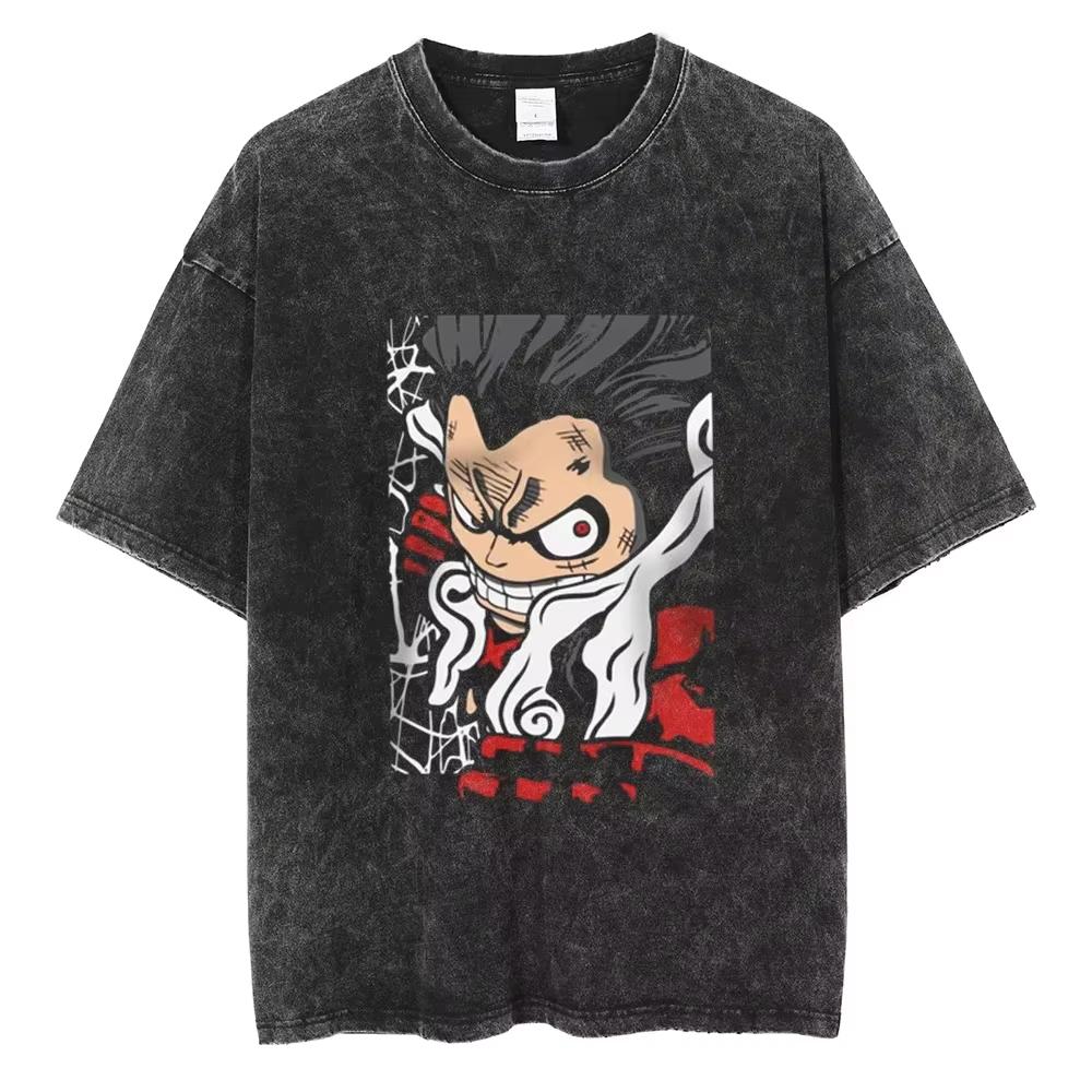 Nika Luffy Gear  ONE PIECE Anime Harajuku Retro Washed Tshirt  Cotton Men Streetwear Women Short Sleeves Unisex Top