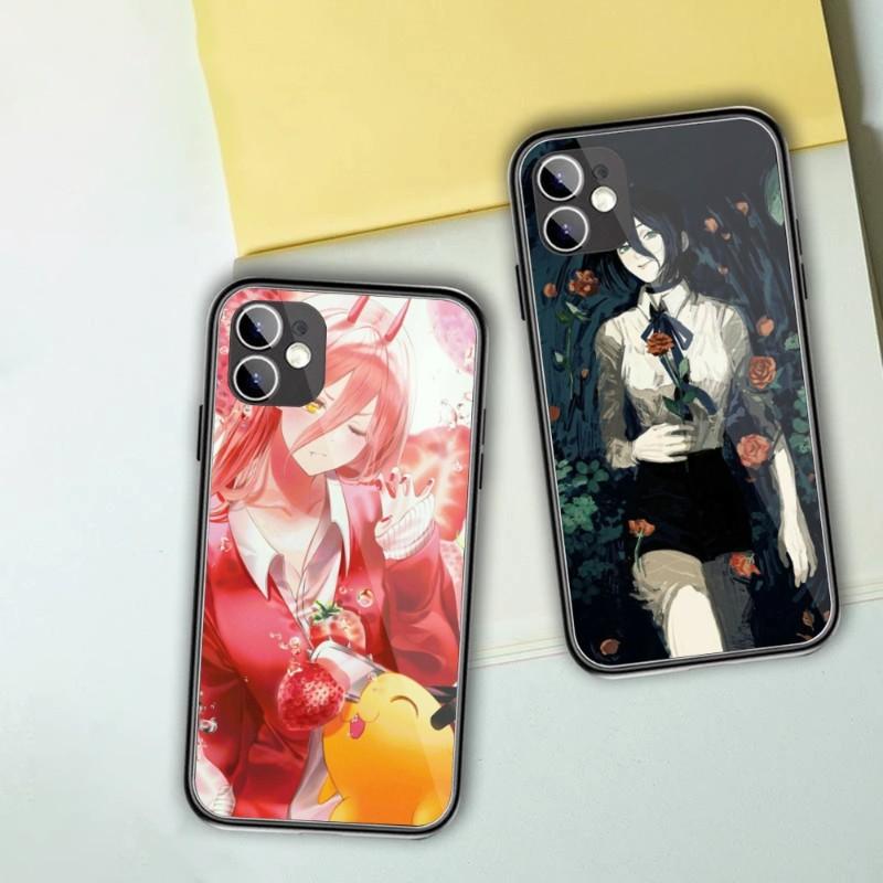 Cartoon Anime Chainsaw Man Phone Case For IPhone 13 12 11 XS X 8 7 6 Plus Mini Pro Max SE 2022 Black PC TPU Glass Phone Cover