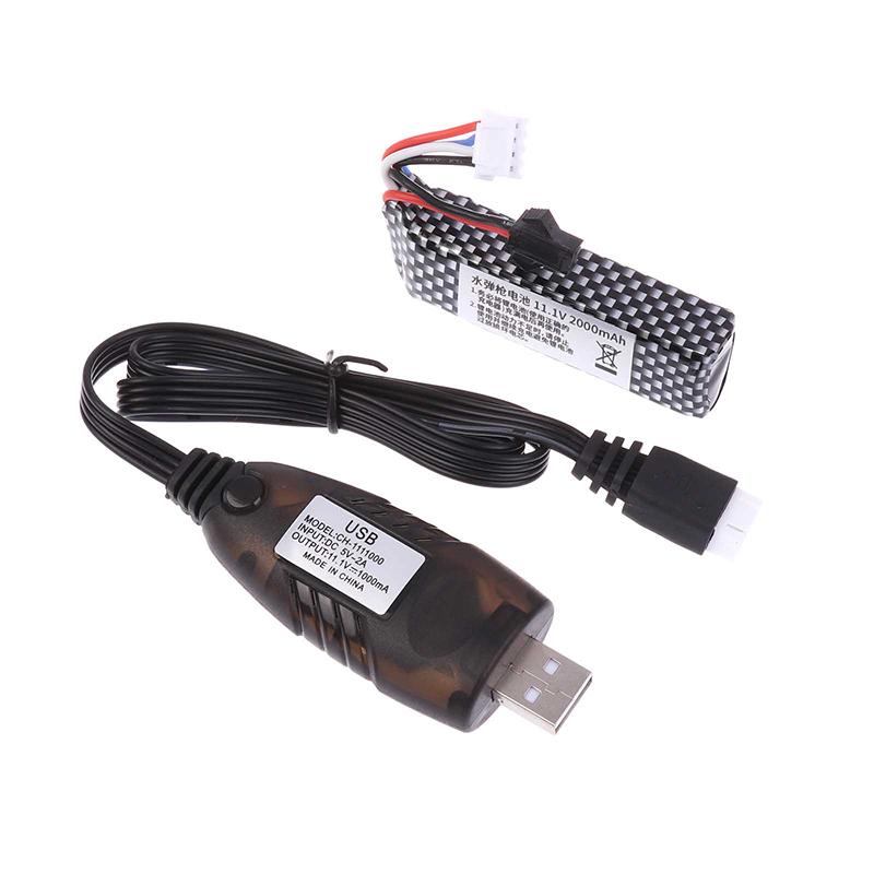 Battery 11.1V 2000Mah Gel Water Bead Blaster Batteries For Splatter Ball With Mini Connector To Sm Plug Charger Cable