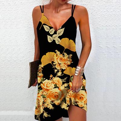 Women's Fashionable and Sexy 3D Orange Rose Printed Strapless Dress, Loose V-neck Camouflage Dress