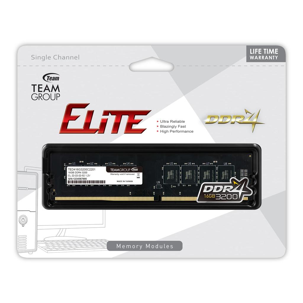 TEAMGROUP Elite DDR4 16GB Single x CL22 Unbuffered UDIMM PC Desktop Memory Module RAM Upgrade TED416G3200C2201 (1 16GB) 3,200MHz (PC4-25600) Non-ECC