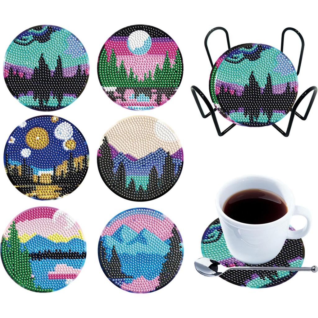 6PCS Diamond Painting Coasters Kits Mandara Wooden Diamond Crafts Coasters Fresh Greenery Diamond DIY Coasters Romantic Red Rose