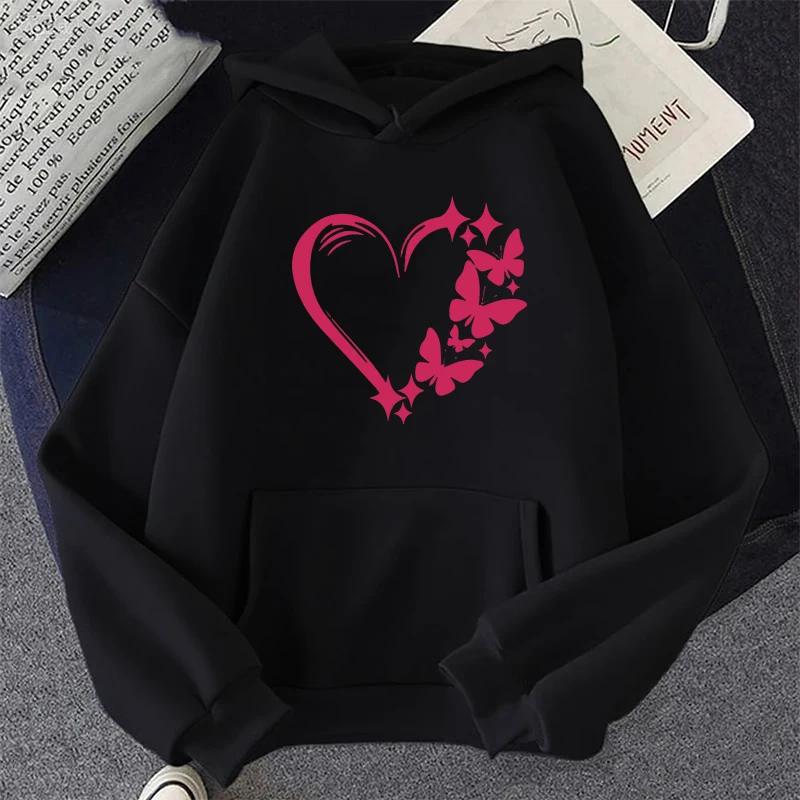 Love and Butterfly Pattern Hoodie Autumn Winter Women Casual Fashion Hip Hop Street Hoodies Simple Fleece O-Neck Sweatshirts
