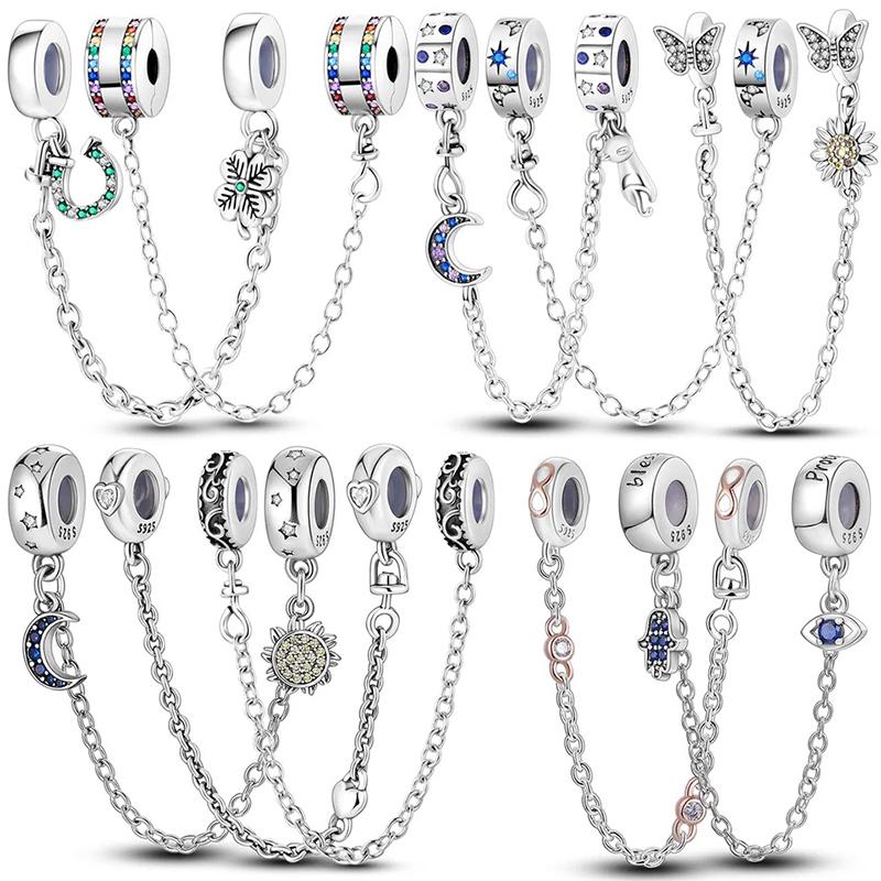 Star Moon Slide Safety Chains Charms 925 Sterling copper Heart Evil eyes Silicone Spacer Beads Fit Original Bracelet DIY Zircon