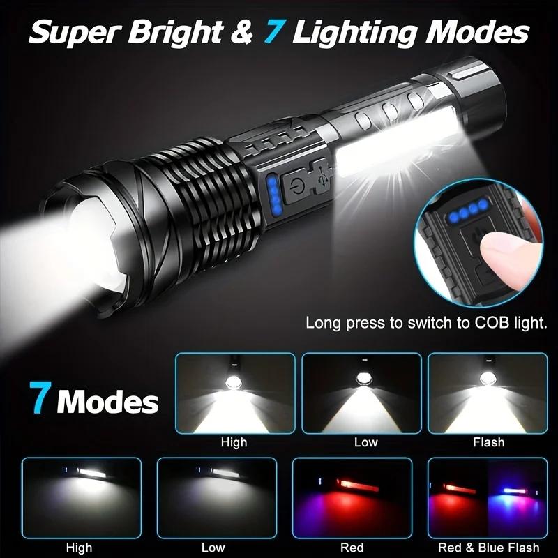 LED Flashlight 7 Modes Rechargeable Handheld Zoomable Tactical Torch Waterproof Outdoor Camping Fishing Hunting Side Work Light