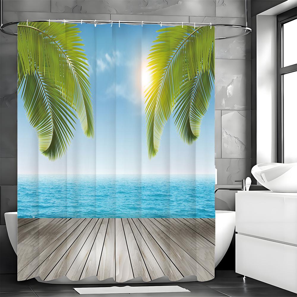 Ocean Wood Panel Palm Leaf Shower Curtain, Bathroom Decorative Shower Curtain, Waterproof Shower Curtain with Hooks