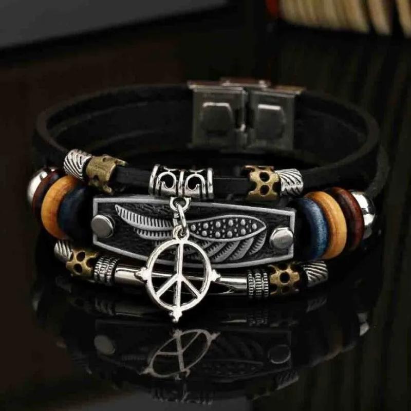 Тайцзи Багуа Ретро Кожаный Браслет Многослойный Браслет из Бусин для Мужчин 18CM
