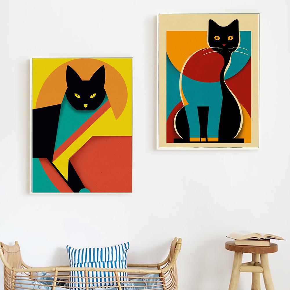 Geometric Bauhaus Cats Art Posters and Prints Modern Vinatge Abstraction Art Canvas Painting Wall Art Picture Home Decoration