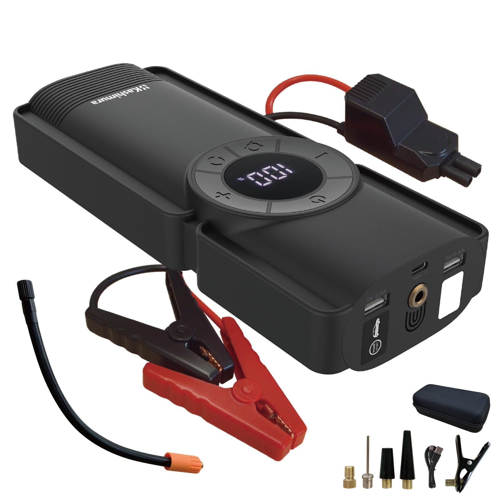 

Kashimura Jump Starter with Electric 8000mAh Lithium Battery with Gasoline Vehicles up to 5L Diesel Vehicles up to Also works as an air pump for