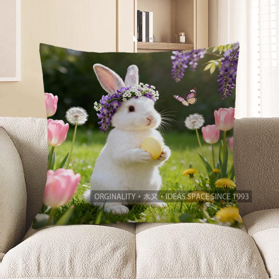 

2D Rabbit With Flower Crown And Egg Pillow Cover Pattern Cushion Cover Suitable For Sofa Bedroom Car Pillow Cover 40x40cm