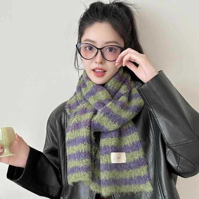 Seasonal Woolen Scarf Ladies Warm Wind Couple Vintage Contrast Stripe Knit Scarf Women
