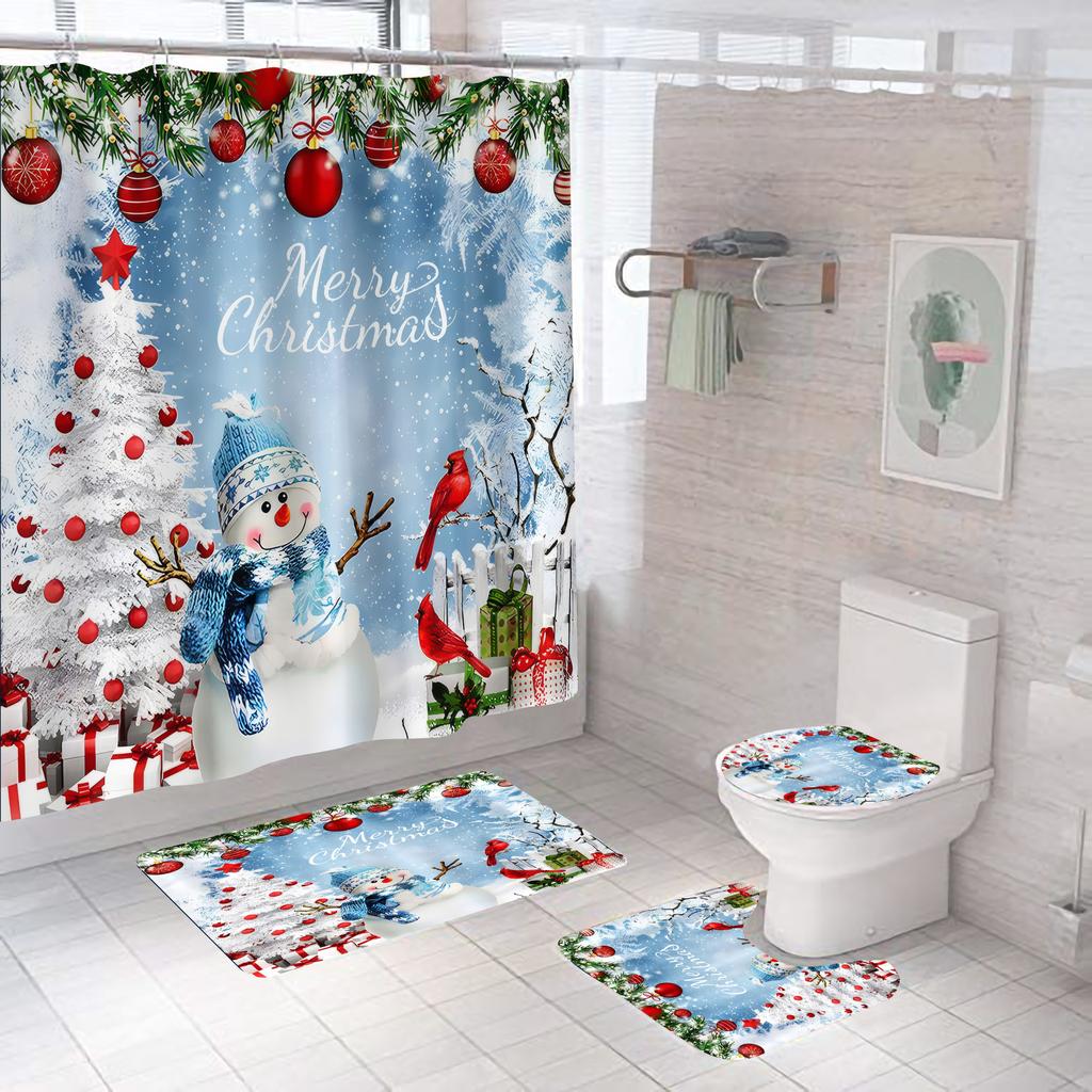 4pcs Merry Christmas Shower Curtain Polyester Shower Curtain Pedestal Rug Set Bathroom Decor Waterproof Curtain
