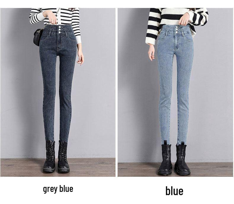 Women's High-Waisted Fleece-Lined Skinny Jeans, Black, Slim-Fit, 2024 Autumn/Winter Collection