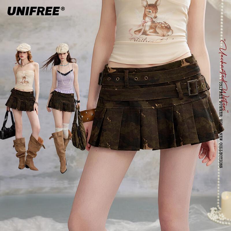 UNIFREE Retro Washed Denim Pleated Mini Skirt S