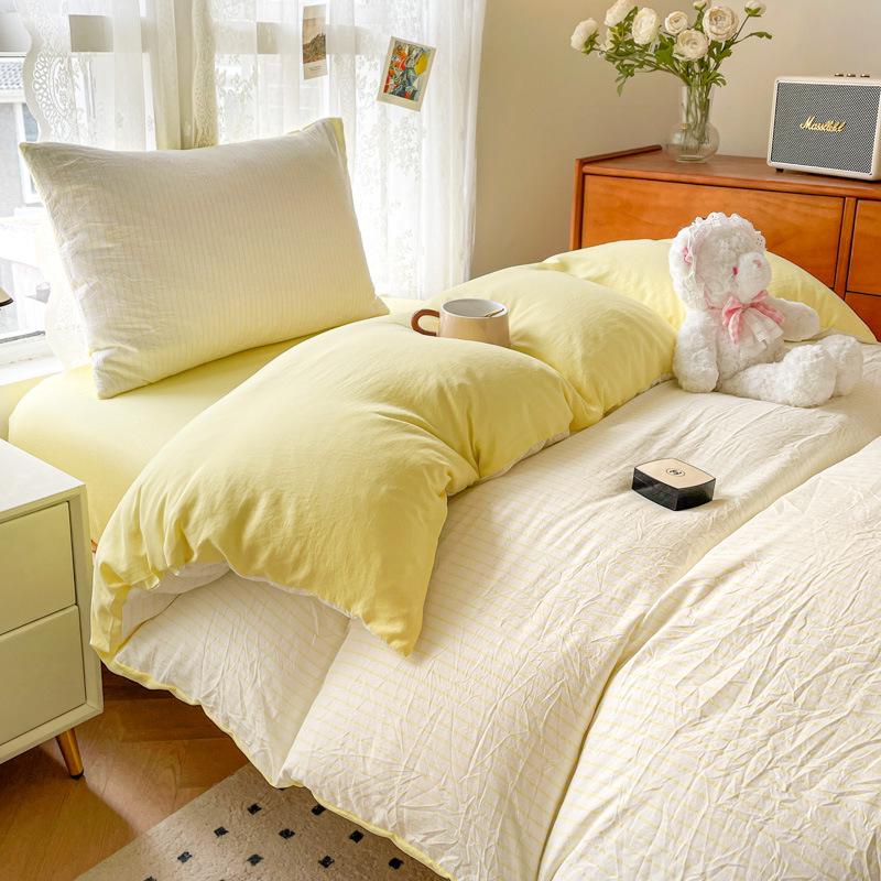 Minimalist Washed Cotton Bedding Set: Three-Piece for Dorm Beds, Includes Sheet, Duvet Cover, and Four Pillowcases