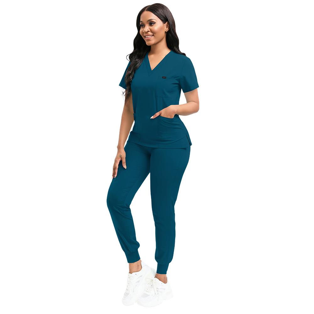 Stretch Scrubs Women Set Nursing Uniforms Clinical Scrubs Set Nurse Doctor Dustproof Workwear Medical Scrubs Top+ Jogger Pants