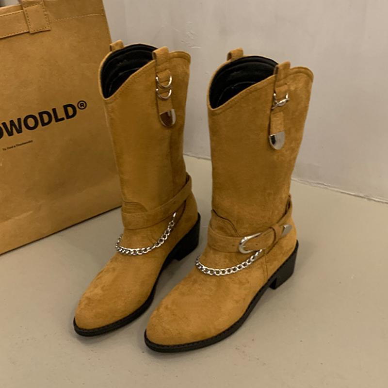 Cizme de călărie pentru femei cu lanț metalic și toc gros, toamnă iarnă, piele PU, cizme până la jumătatea gambei, modă pentru femei, cu cataramă, cizme de motociclist