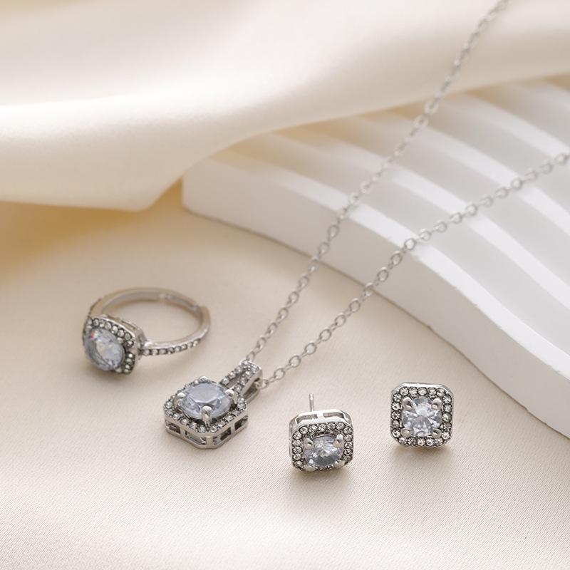 Elegant Square Cubic Zirconia Jewelry Set Necklace Earrings Ring Quadrilateral Rhinestone Three Piece Suite For Women