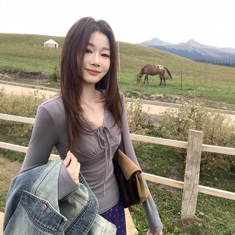Women s Slimming V-Neck Lace-Up Long Sleeve T-Shirt – Spicy Girl Collection for Spring and Autumn M серый