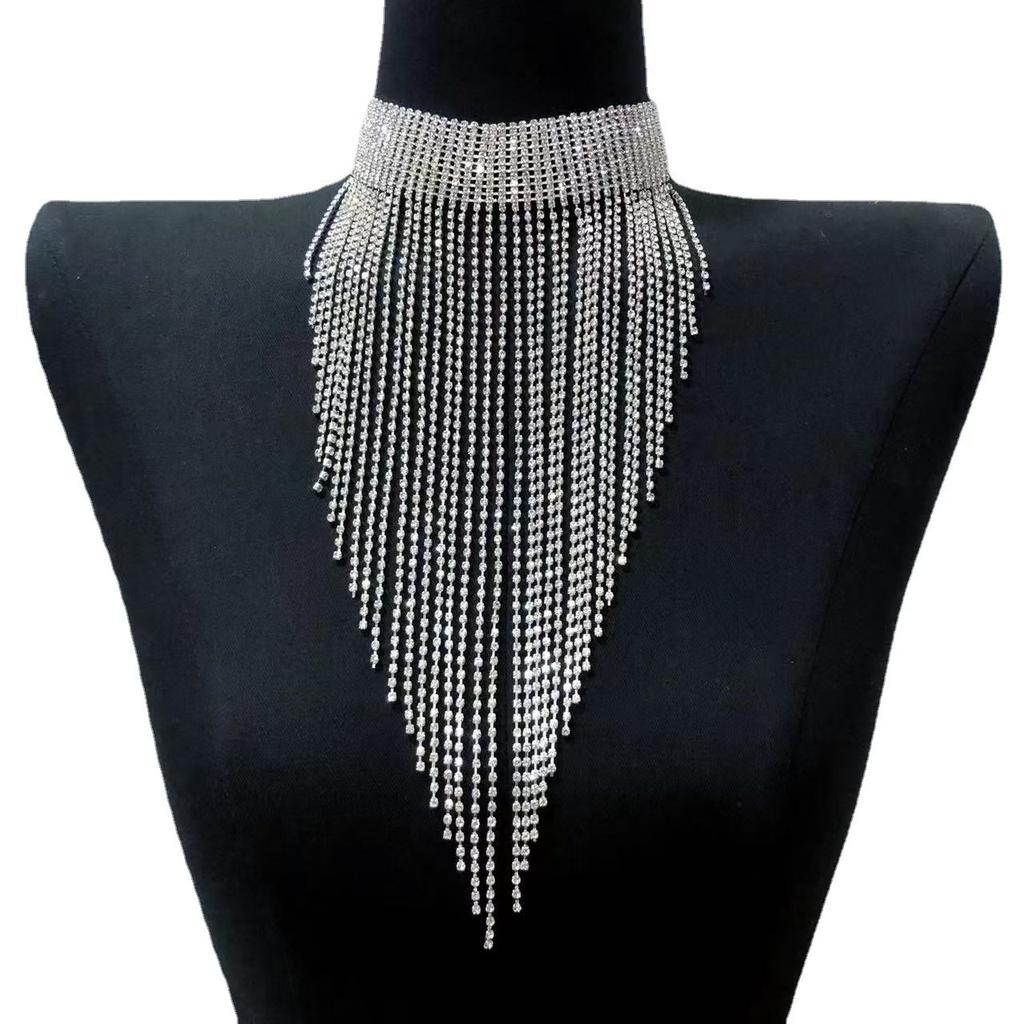 Fashionable and Elegant Women's Long Tassel Necklace Luxurious Rhinestone Necklace Jewelry Party Evening Dress Accessories Neckl