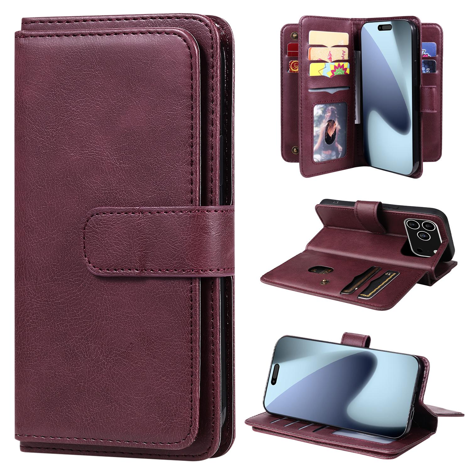 

For iPhone 17 Pro Max Leather Case with 10 Card Holder Phone Cover Stand Wine Red