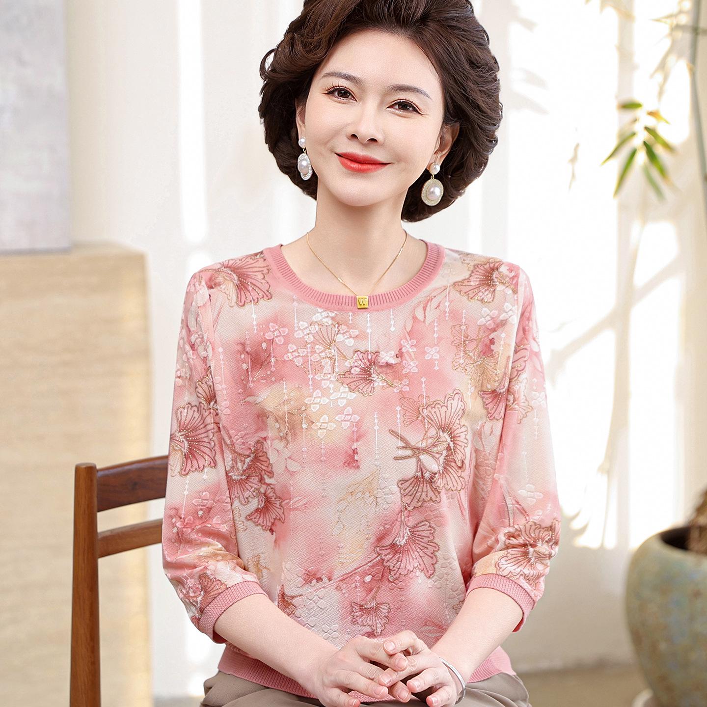

Summer Mid-Sleeve Mulberry Silk T-Shirt for Mothers: Chic Round Neck Top for Middle-Aged and Elderly Women L (80-100 kg) рожевий