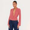 J25TP327 Women's Deep V Chiffon Long Sleeve Top with Flowing Collar and Scarf
