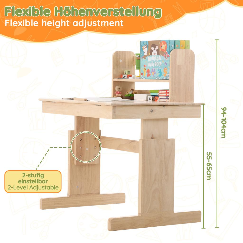Children's table, height-adjustable solid wood multifunctional desk, foldable tabletop, book stand, safety certified, for children aged 6 and up