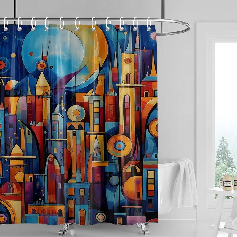 Colorful Cityscape Shower Curtain - Vibrant Skyline Waterproof with Grommets, Modern Bathroom Decor