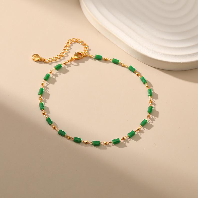 Minimalist Niche Handmade Green Acrylic Bead Gold Plated Anklet For Women